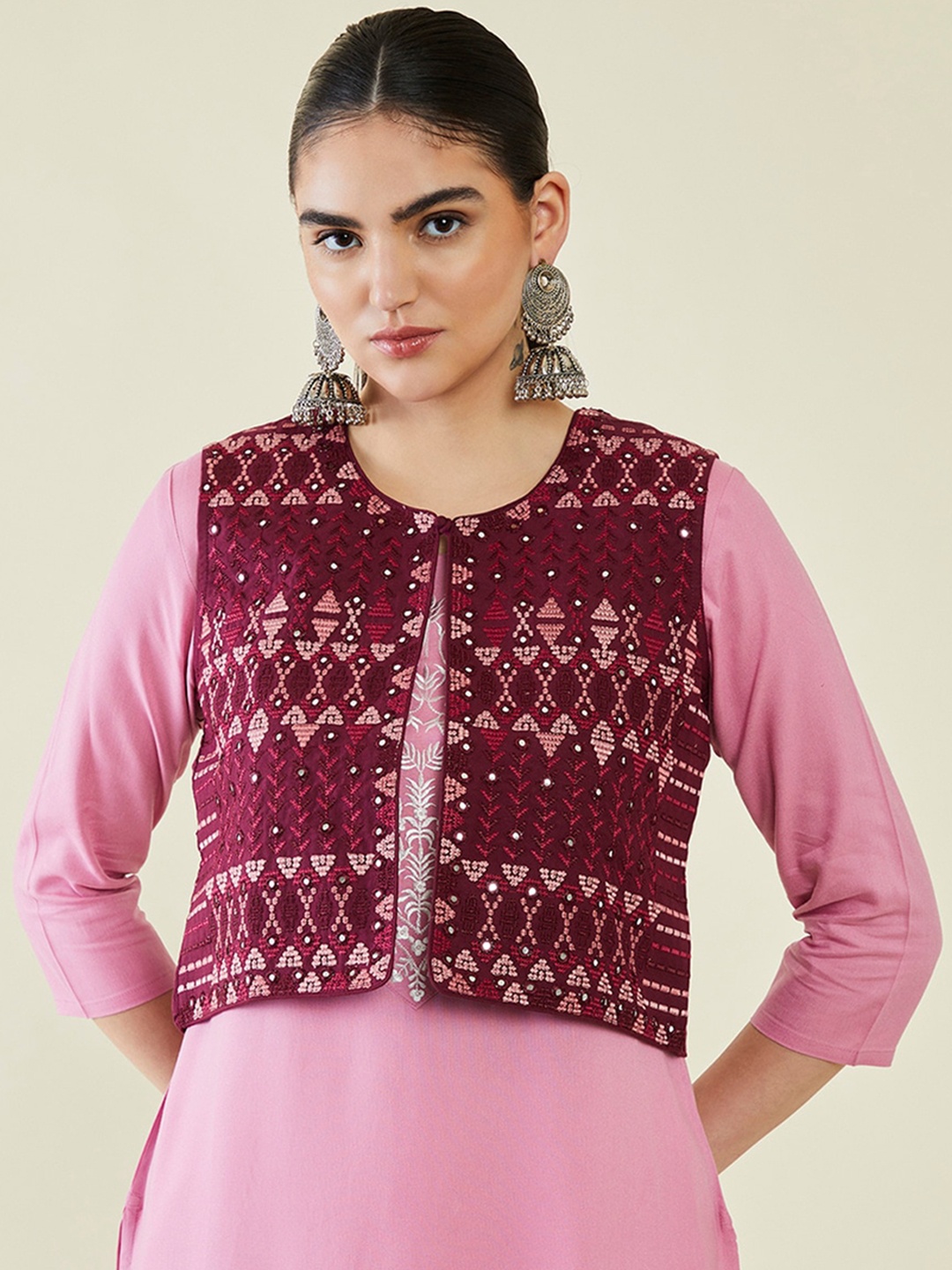 

Soch Geometric Embroidered Crop Open Front Jacket, Purple