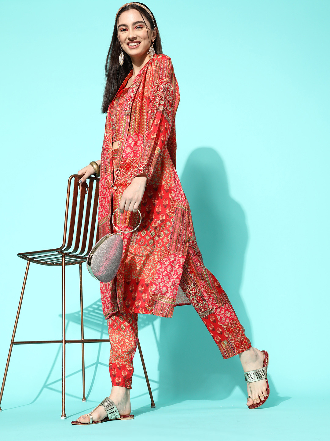 

ZOLA Ethnic Motifs Printed Top with Trousers & Jacket, Pink