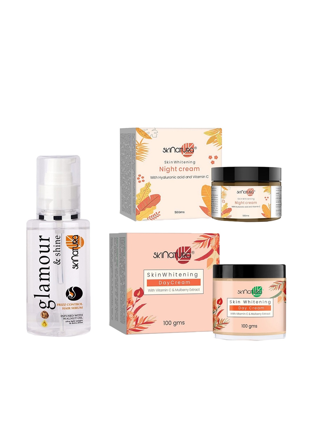 

Skinatura Set Of 3 Skin Day Cream & Night Cream With Glamour-Shine Hair Serum Combo, Peach