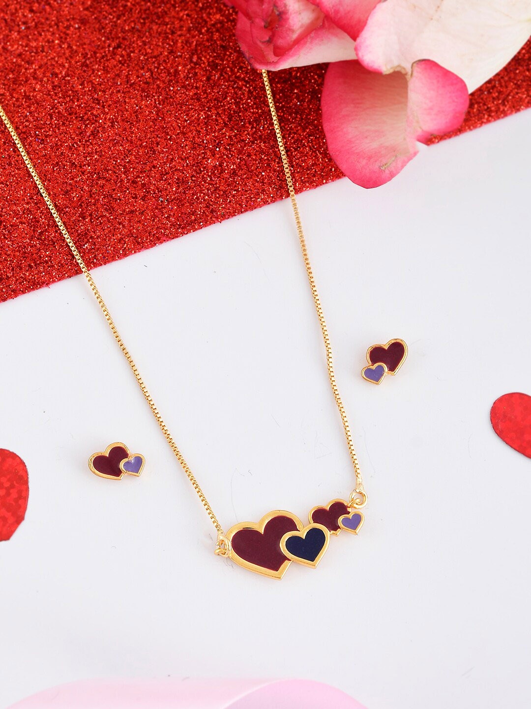 

Voylla Valentine's Day Collection Gold-Plated Enamelled Hearts Jewellery Set