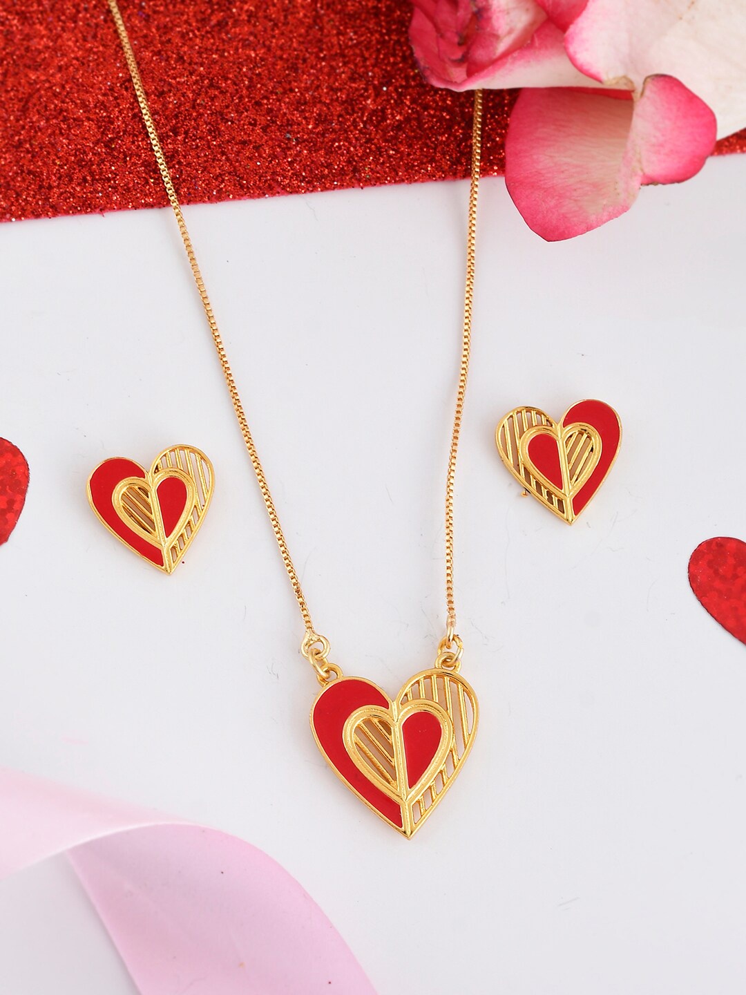 

Voylla Gold-Plated Heart Shaped-Charm Brass Jewellery Set