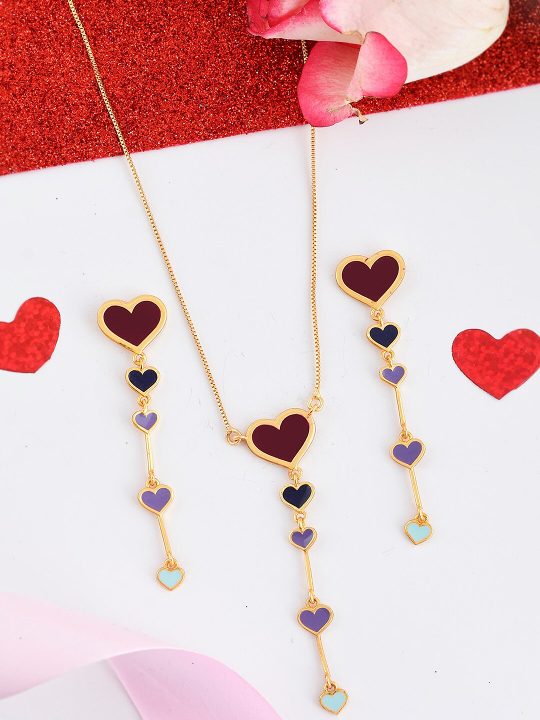 

Voylla Valentine's Day Collection Gold-Plated Heart Drops Enamelled Jewellery Set