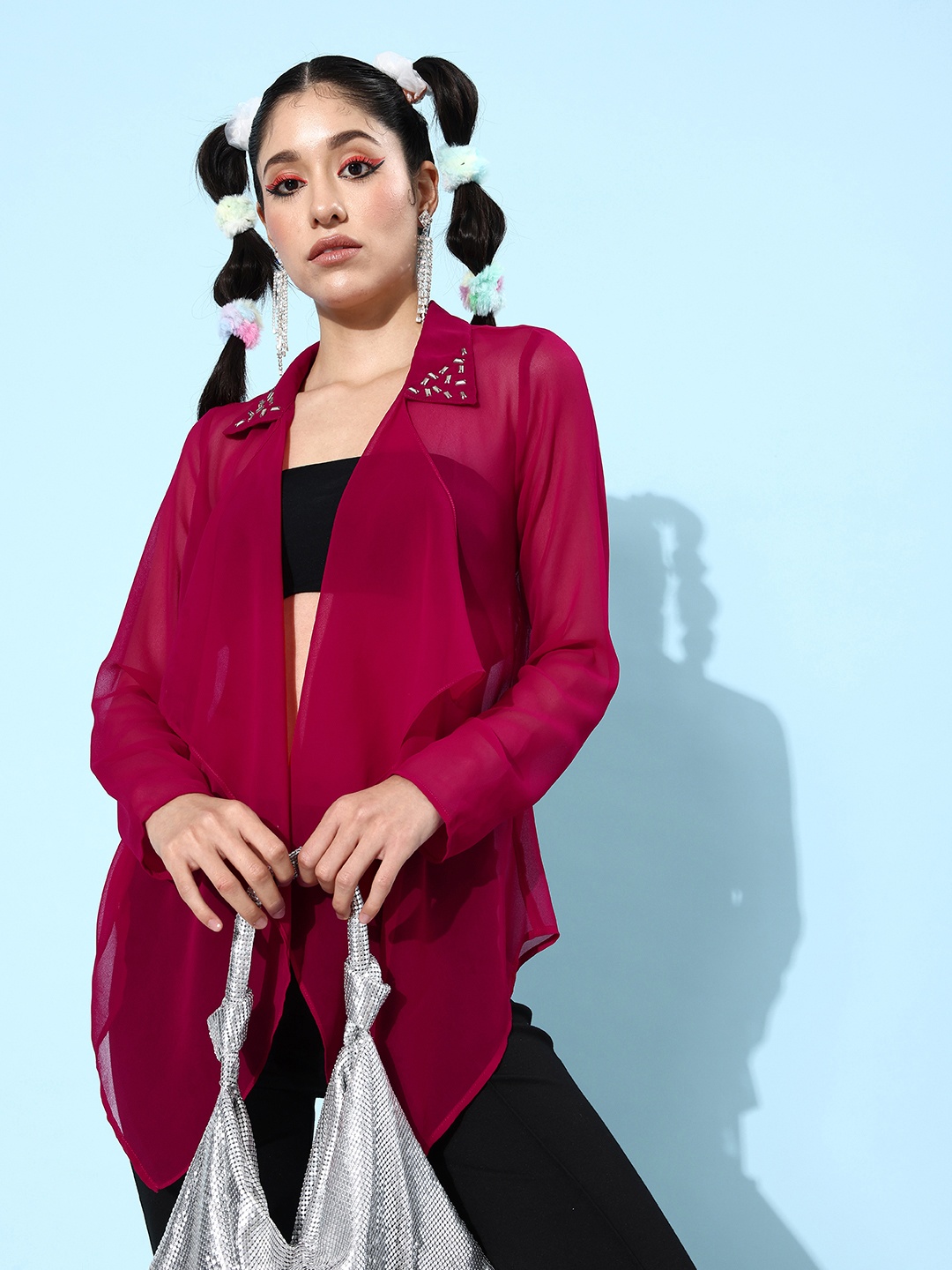 

QUIERO Open Front Sheer Shrug, Fuchsia