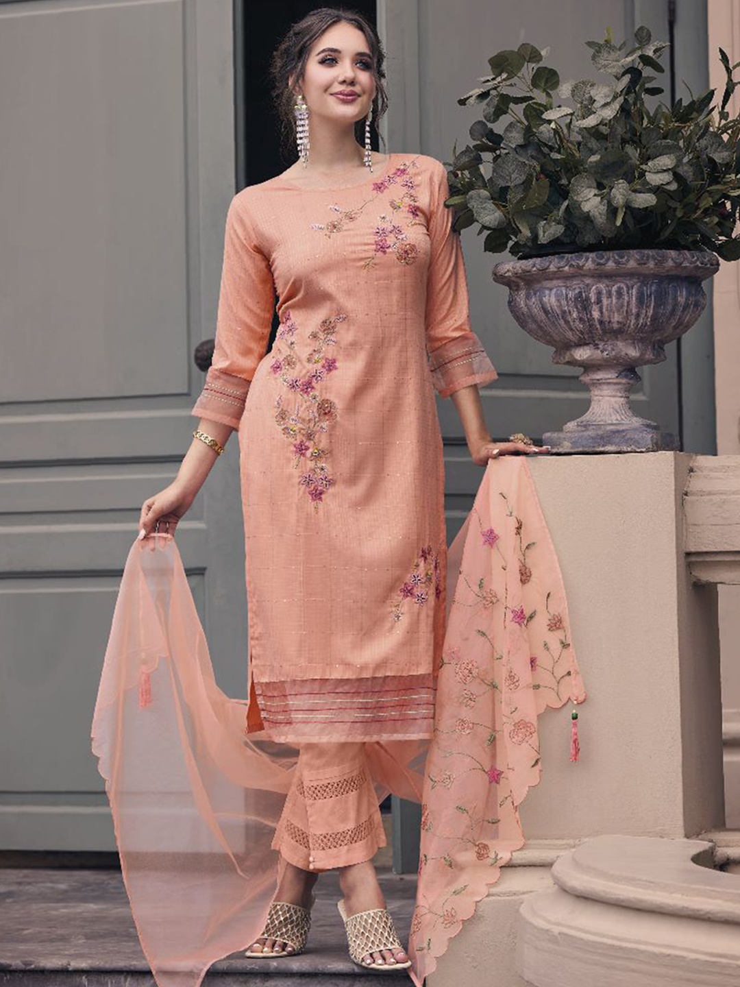 

AUTUMN LANE Embroidered Thread Work Pure Cotton Kurta & Trousers With Dupatta, Peach