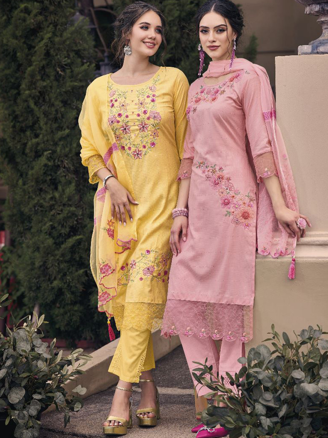 

AUTUMN LANE Selection Of 2 Embroidered Pure Cotton Kurta with Trousers & With Dupatta, Yellow