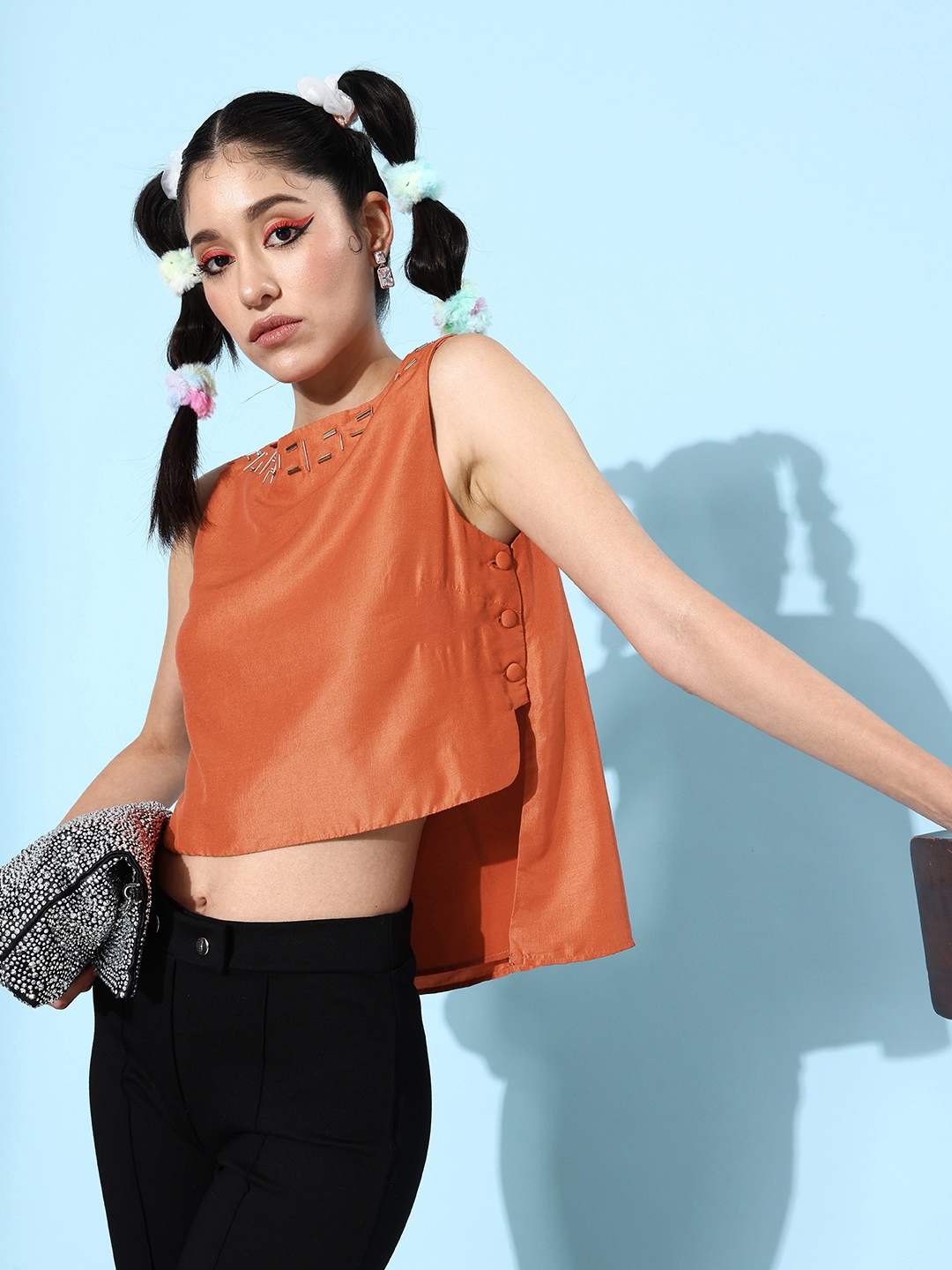 

QUIERO Round Neck Regular Top, Rust