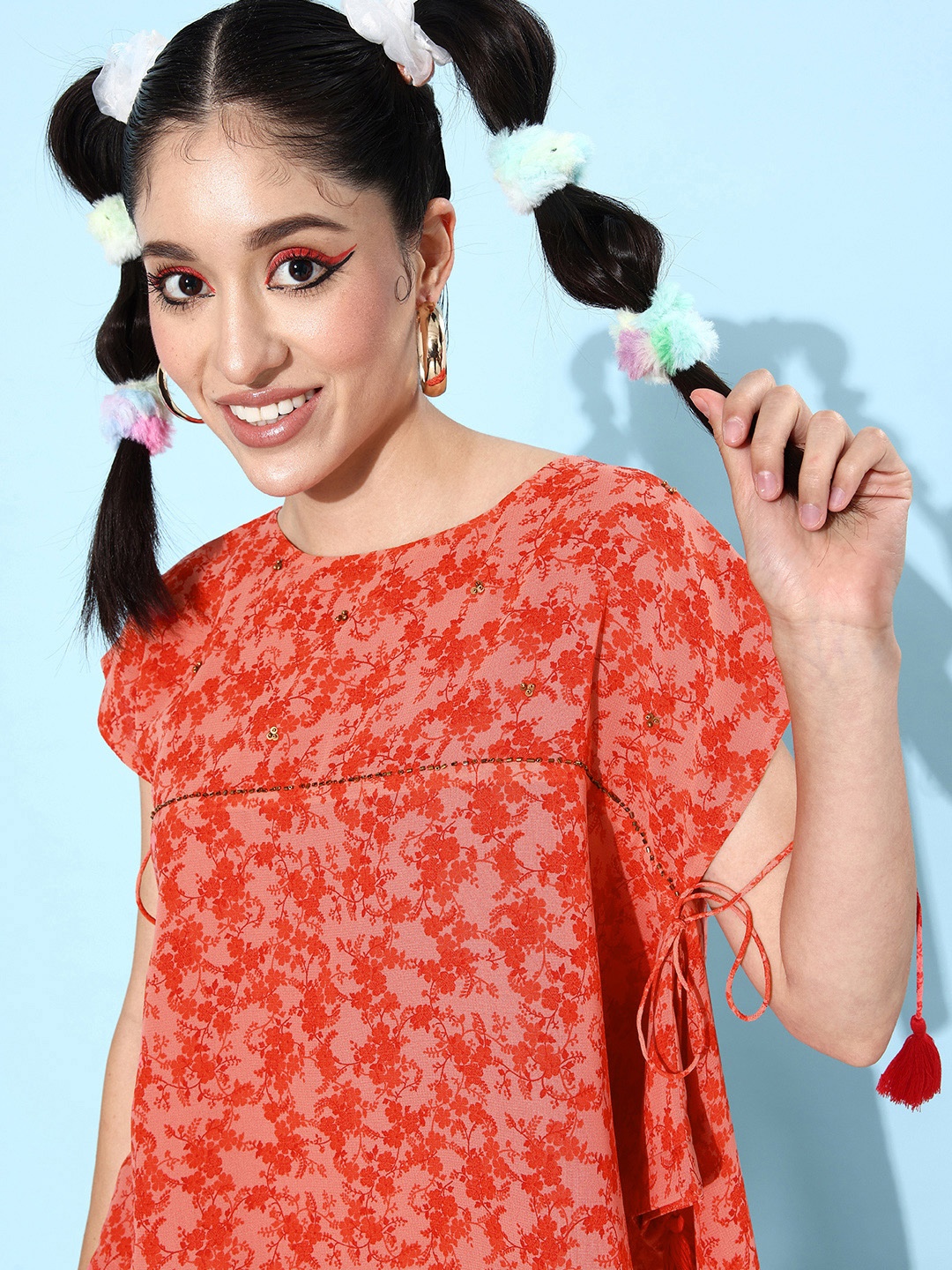 

QUIERO Floral Print Round Neck A-Line Top, Coral