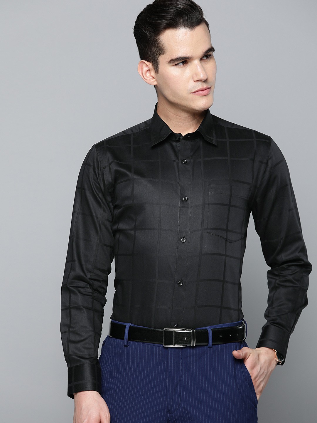 

DENNISON Men Smart Windowpane Checks Party Shirt, Black