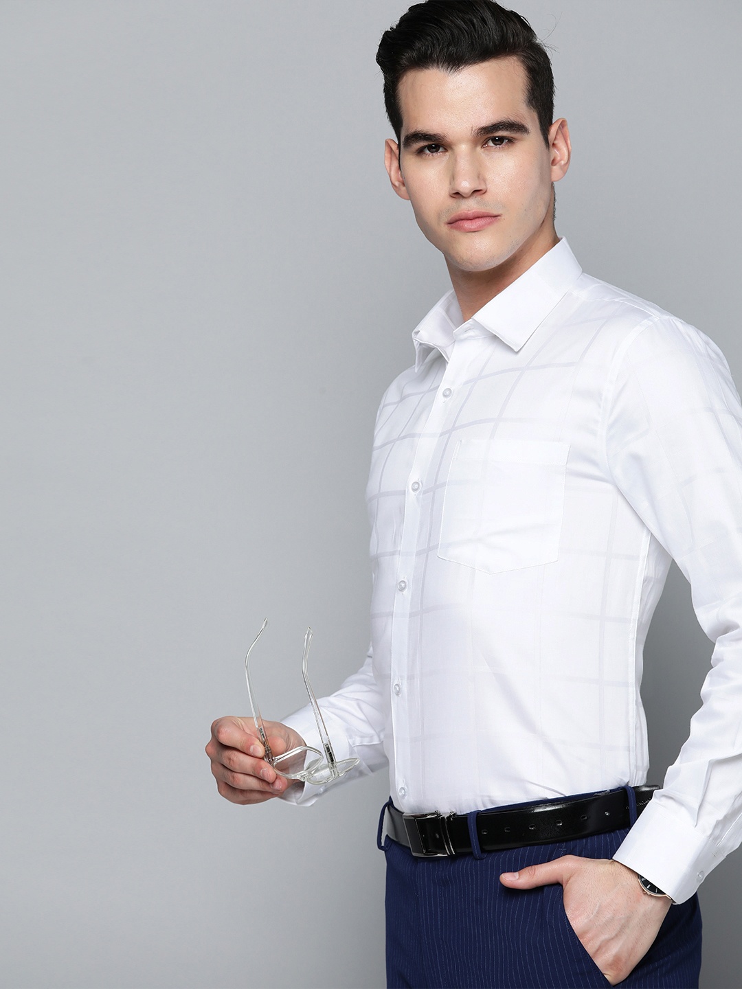 

DENNISON Men Smart Windowpane Checks Party Shirt, White
