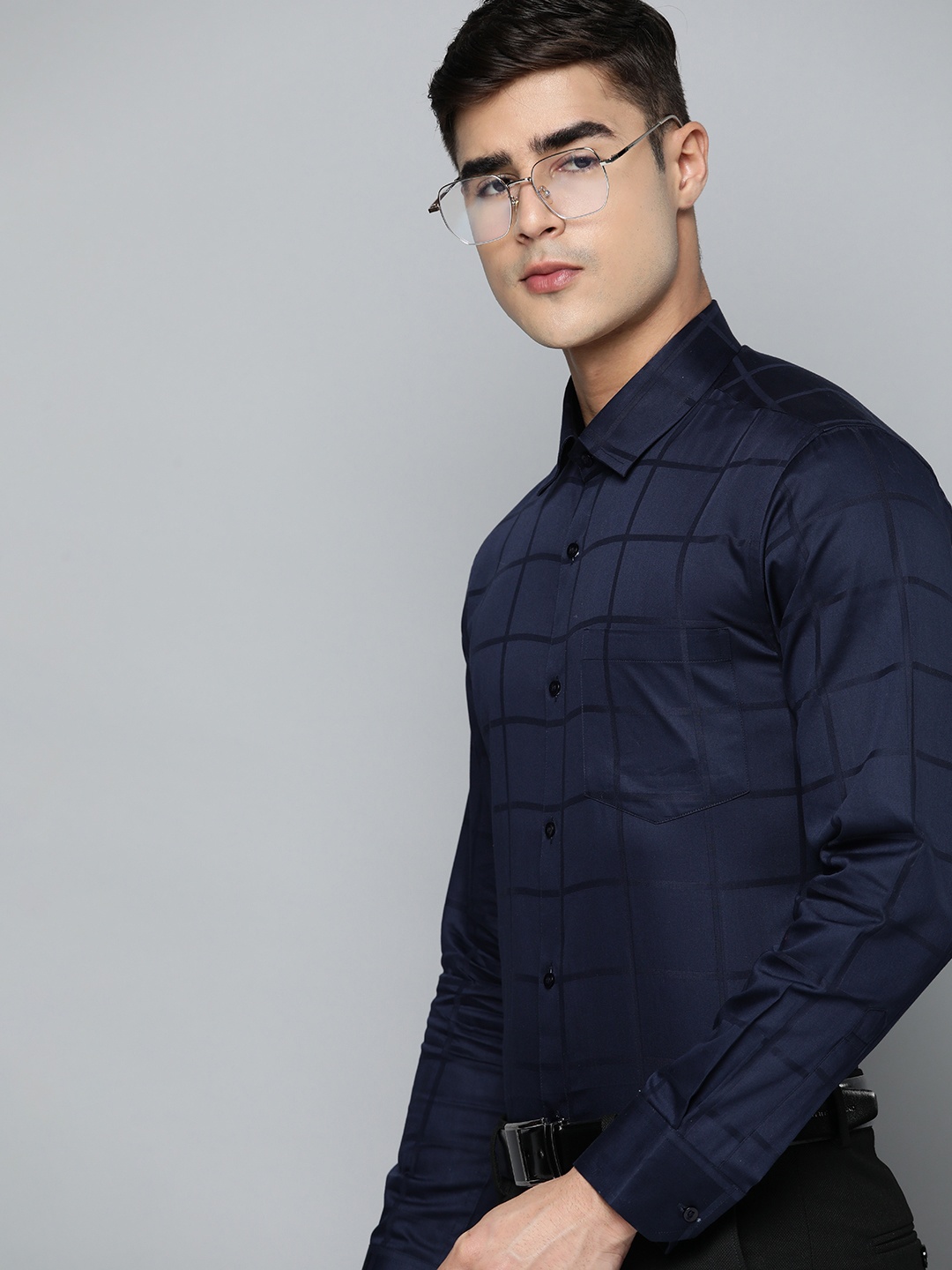 

DENNISON Smart Regular Fit Windowpane Checks Party Shirt, Blue