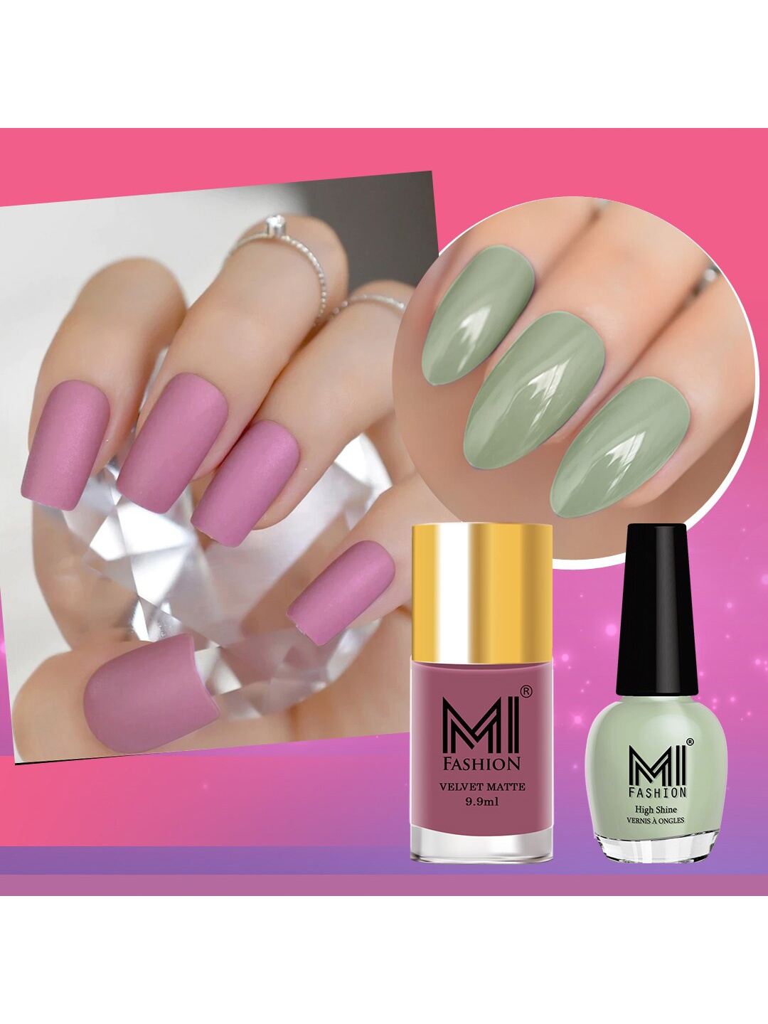 

MI FASHION Set of Vernis A Ongles High Shine 15 ml & Velvet Matte Nail Polish 9.9 ml, Pink