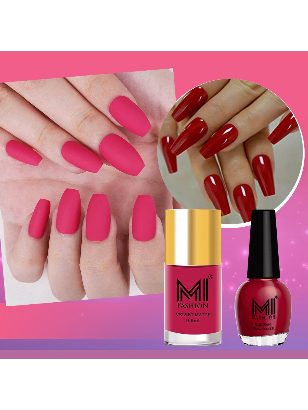 

MI FASHION Set of Vernis A Ongles High Shine 15 ml & Velvet Matte Nail Polish 9.9 ml, Pink