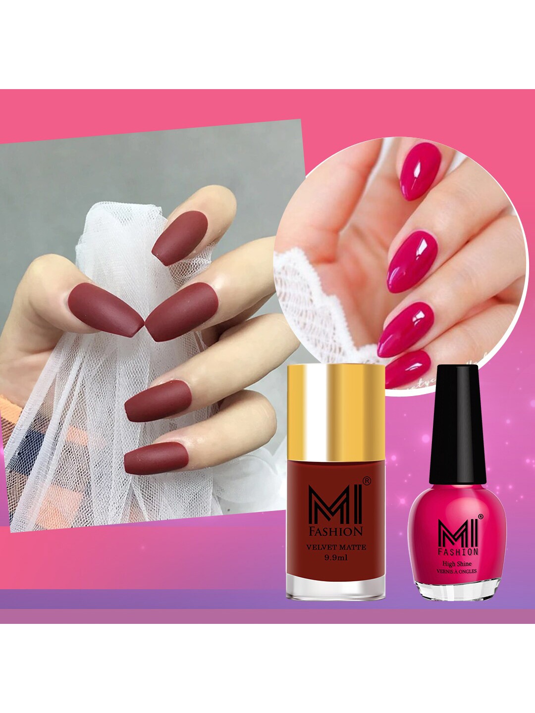 

MI FASHION Set of Vernis A Ongles High Shine 15 ml & Velvet Matte Nail Polish 9.9 ml, Maroon