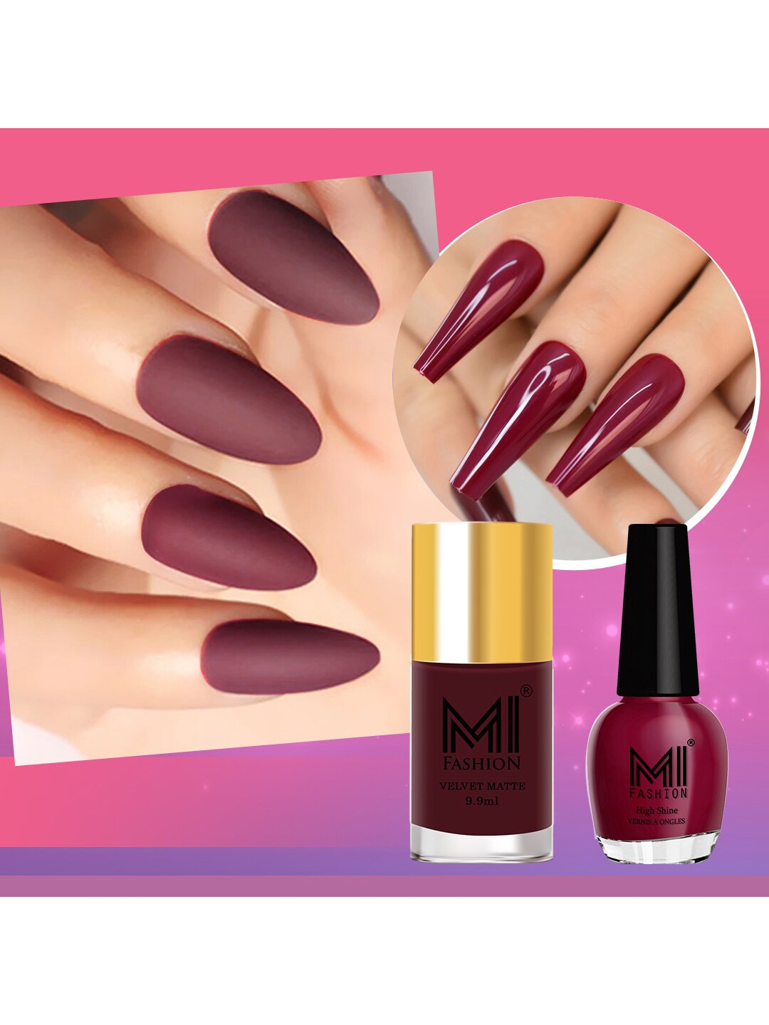 

MI FASHION Set of Vernis A Ongles High Shine 15 ml & Velvet Matte Nail Polish 9.9 ml, Maroon