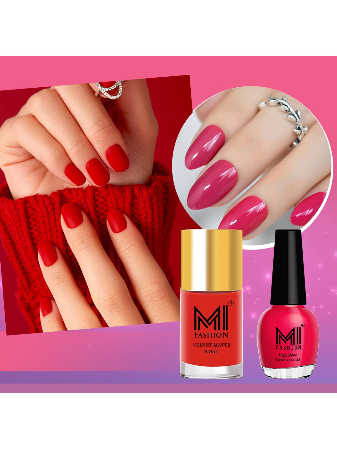 

MI FASHION Set of Vernis A Ongles High Shine 15 ml & Velvet Matte Nail Polish 9.9 ml, Red