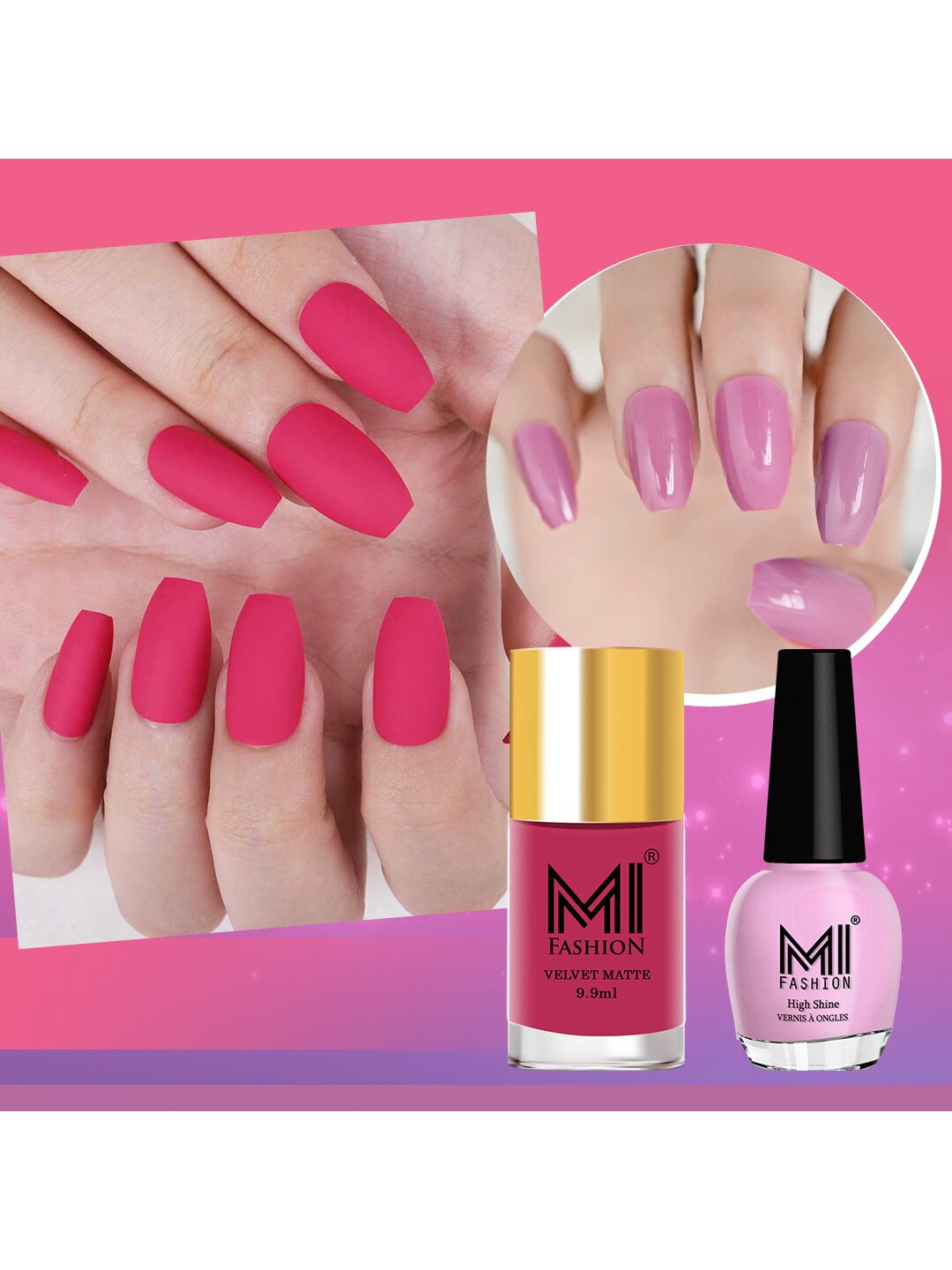 

MI FASHION Set of Vernis A Ongles High Shine 15 ml & Velvet Matte Nail Polish 9.9 ml, Magenta