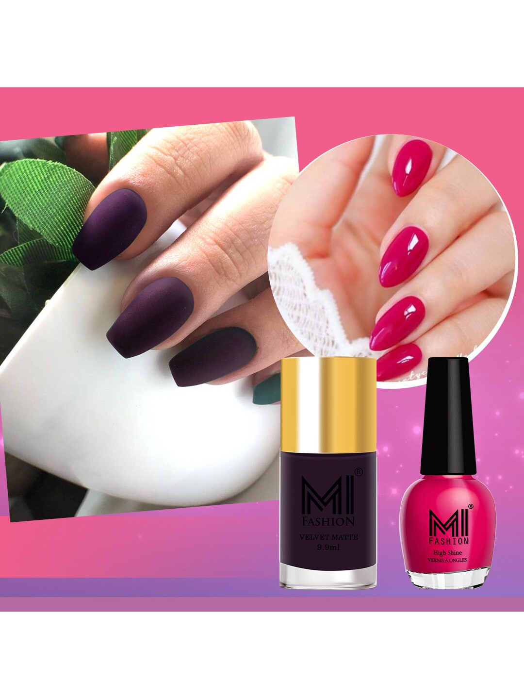 

MI FASHION Set of 2 Long-Lasting Nail Polish - Velvet Matte 9.9ml + High Shine 15ml, Purple