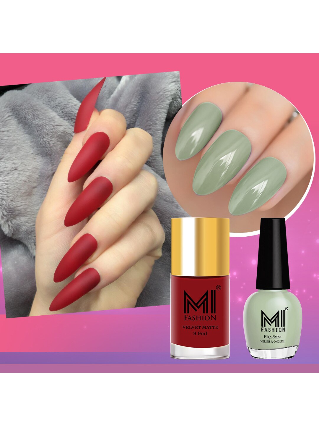 

MI FASHION Set of 2 Long-Lasting Nail Polish - Velvet Matte 9.9ml + High Shine 15ml, Red