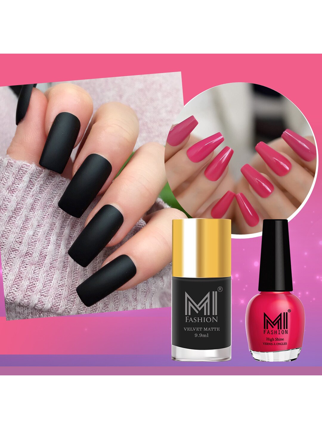 

MI FASHION Set of 2 Long-Lasting Nail Polish - Velvet Matte 9.9ml + High Shine 15ml, Black