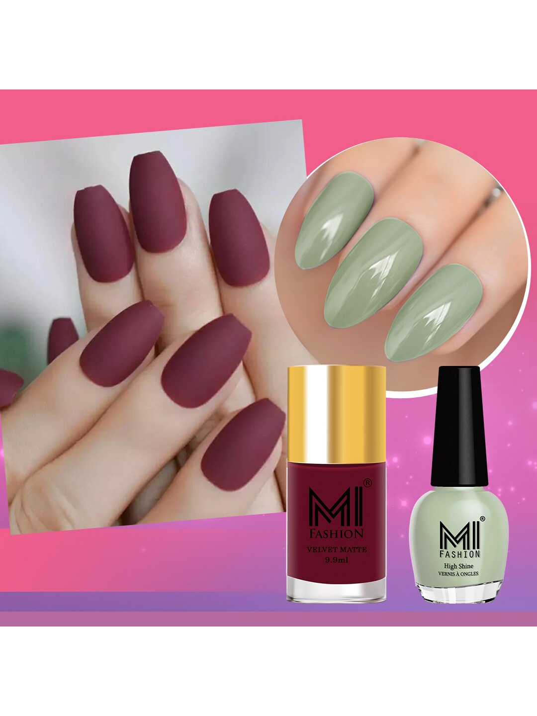 

MI FASHION Set of 2 Long-Lasting Nail Polish - Velvet Matte 9.9ml + High Shine 15ml, Purple