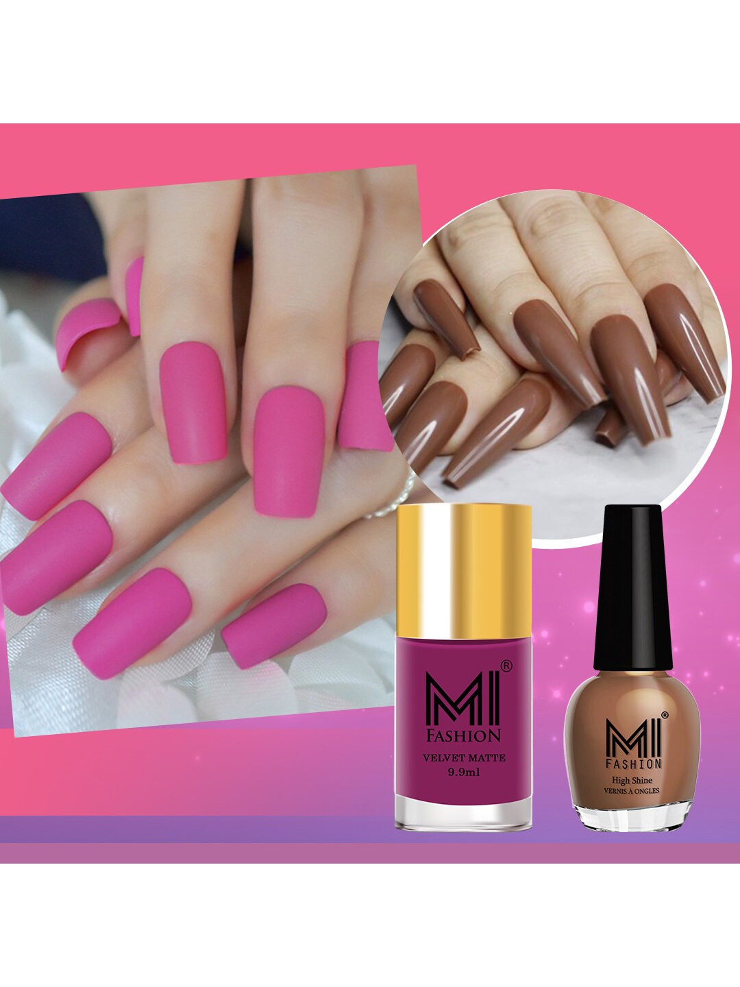 

MI FASHION Set of 2 Long-Lasting Nail Polish - Velvet Matte 9.9ml + High Shine 15ml, Pink