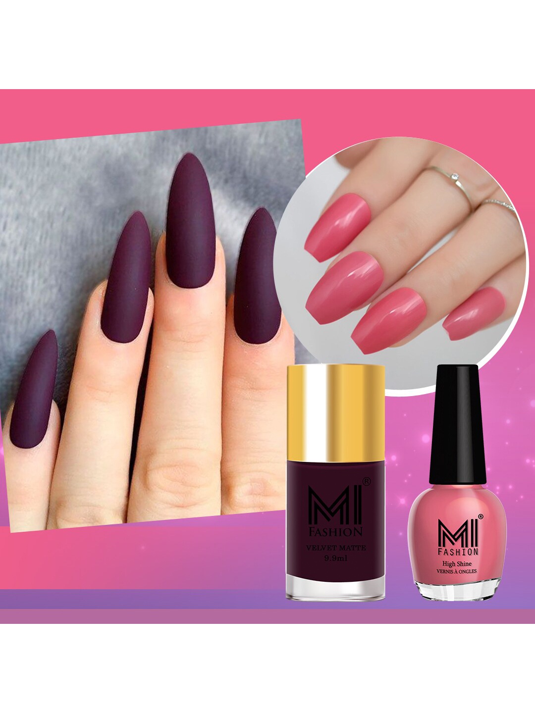 

MI FASHION Set of 2 Long-Lasting Nail Polish - Velvet Matte 9.9ml + High Shine 15ml, Purple