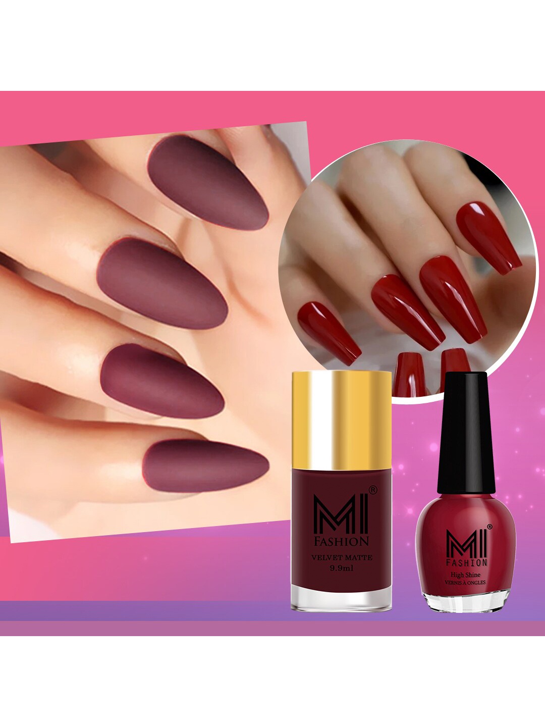 

MI FASHION Set of 2 Long-Lasting Nail Polish - Velvet Matte 9.9ml + High Shine 15ml, Red