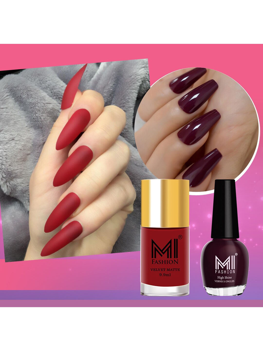 

MI FASHION Set of 2 Long-Lasting Nail Polish - Velvet Matte 9.9ml + High Shine 15ml, Red