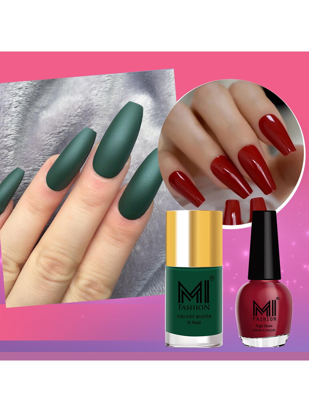 

MI FASHION Set of 2 Long-Lasting Nail Polish - Velvet Matte 9.9ml + High Shine 15ml, Green