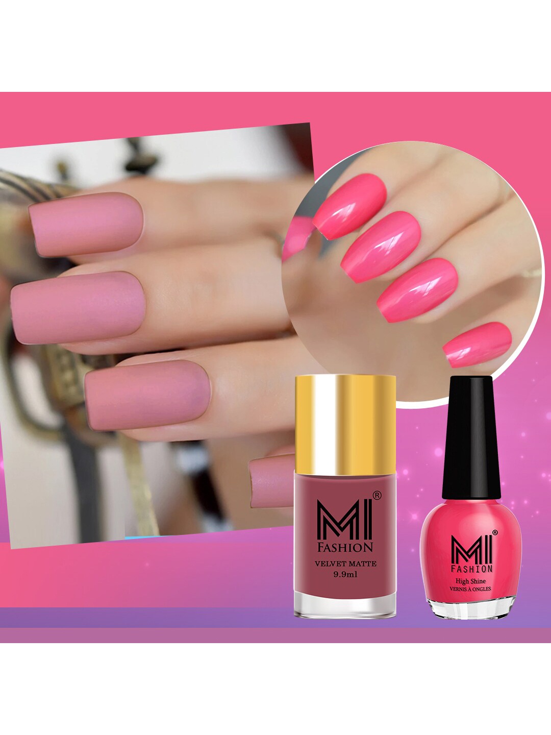 

MI FASHION Velvet Matte & High Shine VERNIS A ONGLES Set Of 2 Long Lasting Gleam and Matte A Perfect Nail Polishes - 24.9ml Red & Wine, Pink