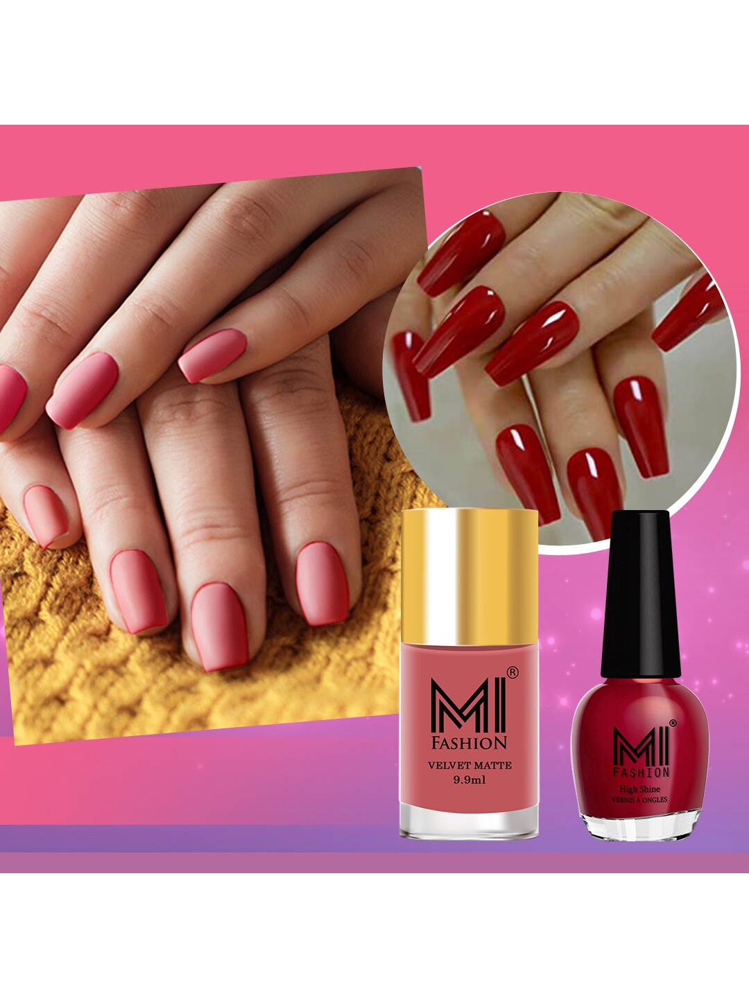 

MI FASHION Set of Vernis A Ongles High Shine 15 ml & Velvet Matte Nail Polish 9.9 ml, Pink