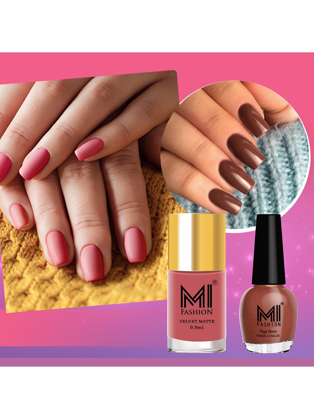 

MI FASHION Set of Vernis A Ongles High Shine 15 ml & Velvet Matte Nail Polish 9.9 ml, Pink