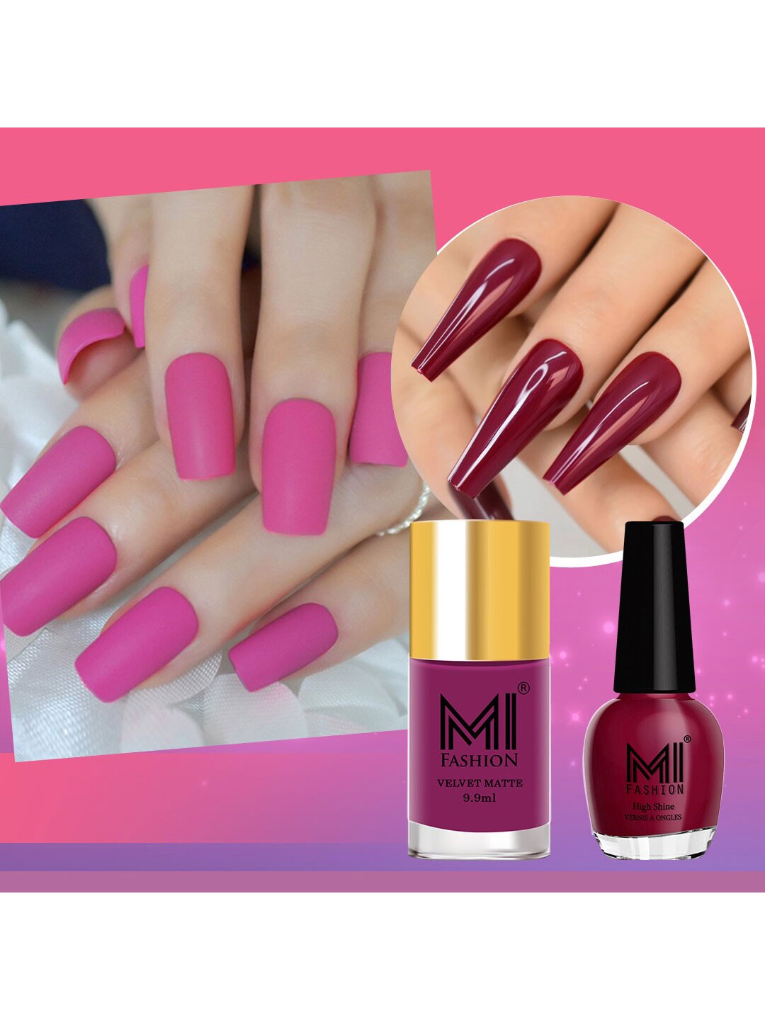 

MI FASHION Set of Vernis A Ongles High Shine 15 ml & Velvet Matte Nail Polish 9.9 ml, Pink
