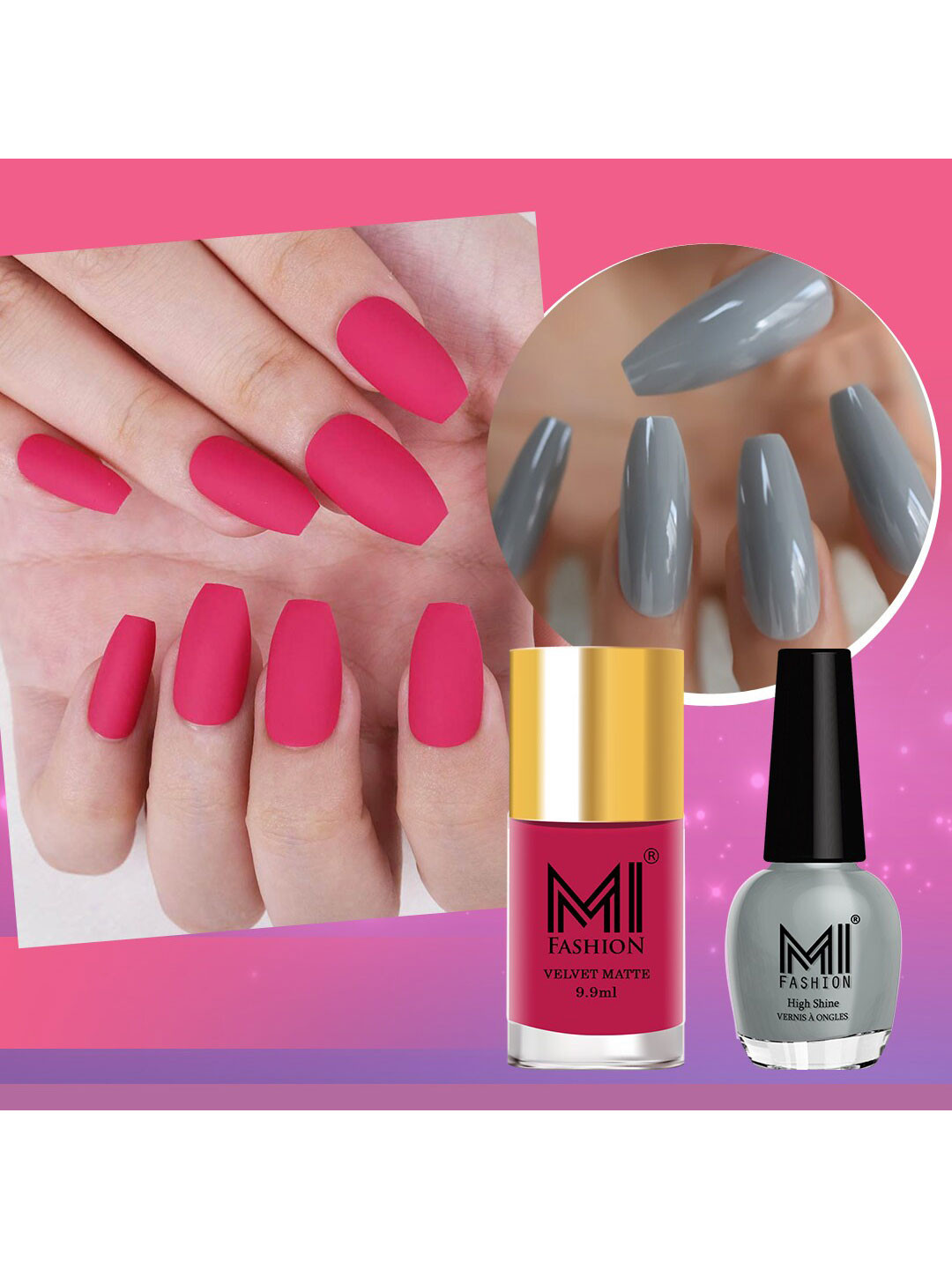 

MI FASHION Set Of 2 Velvet Matte Nail Paint & VERNIS A ONGLES High Shine Sparkle Nail Paint, Grey