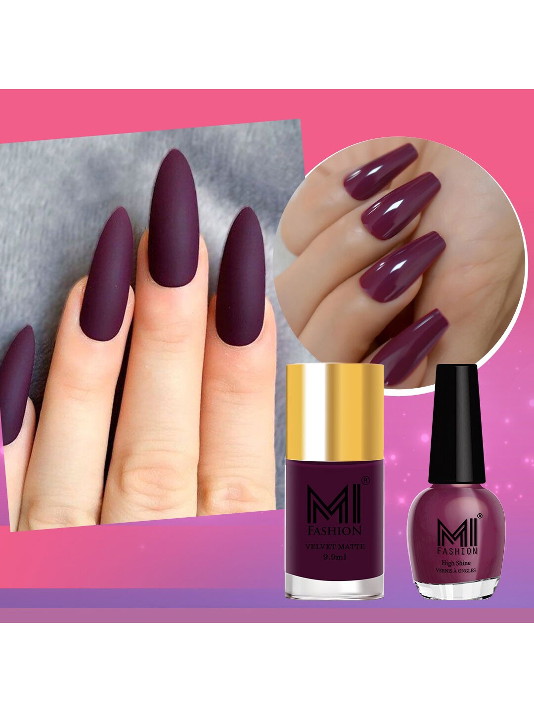 

MI FASHION Set of 2 Long-Lasting Nail Polish - Velvet Matte 9.9ml + High Shine 15ml, Purple