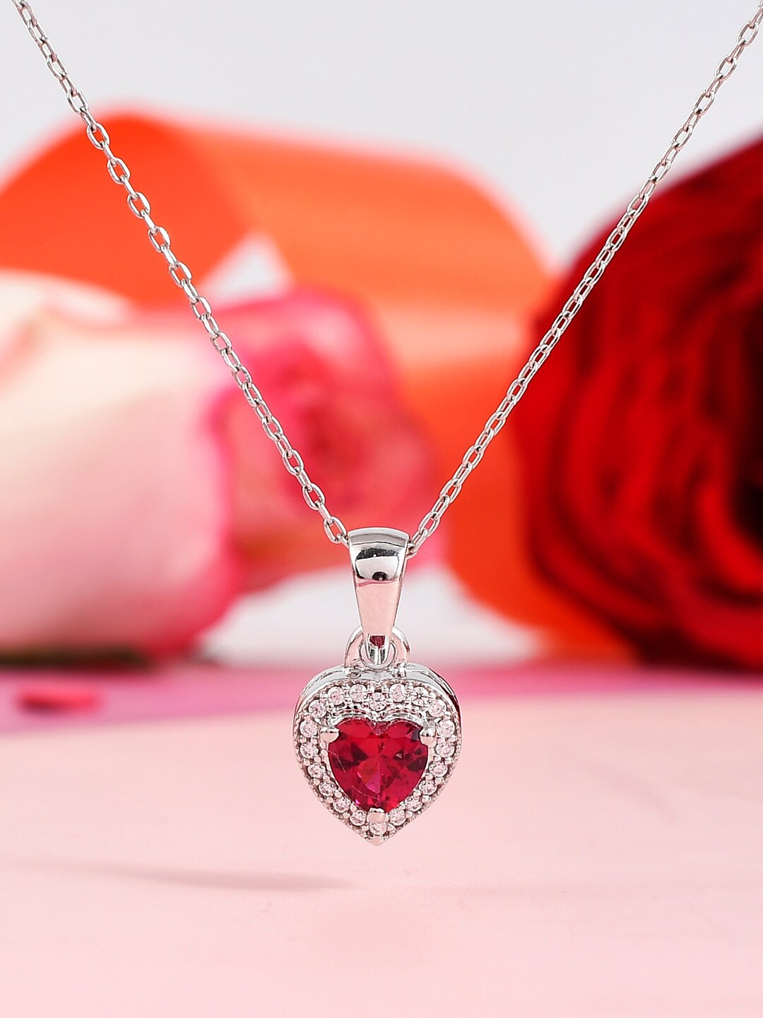 

Studio Voylla 925 Sterling Silver Rhodium-Plated Zircons Heart Shaped Pendant With Chain, Red