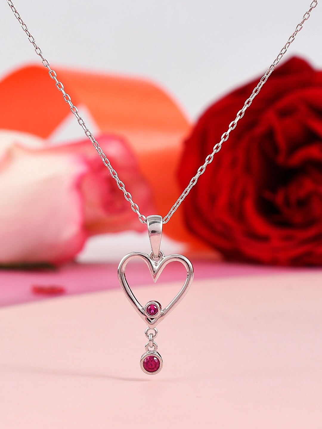 

Studio Voylla 925 Sterling Silver Rhodium-Plated CZ-Studded Pendant With Chain, Pink
