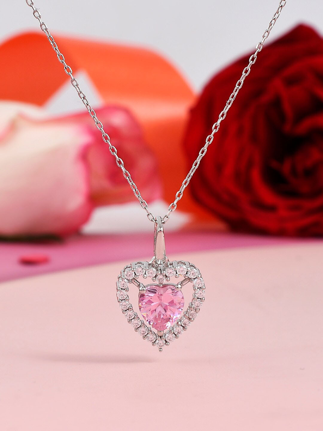 

Studio Voylla 925 Sterling Silver Rhodium-Plated CZ-Studded & Heart-Charm Pendant With Chain