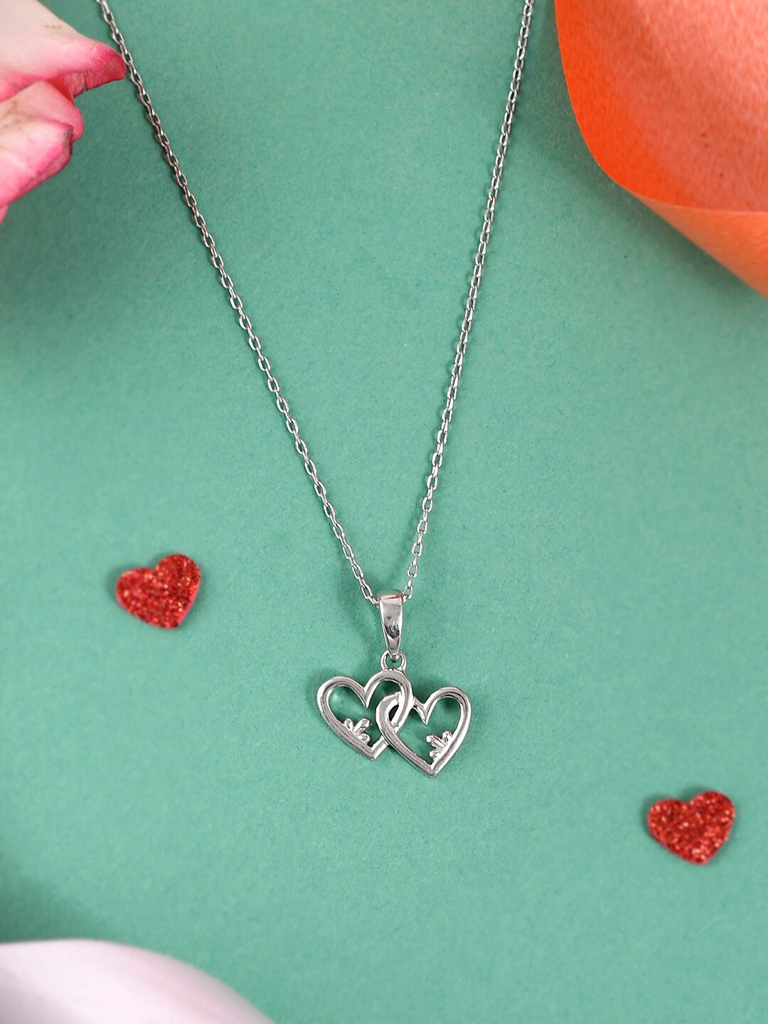 

Studio Voylla Rhodium-Plated 925 Sterling Silver Linked Hearts Pendant With Chain