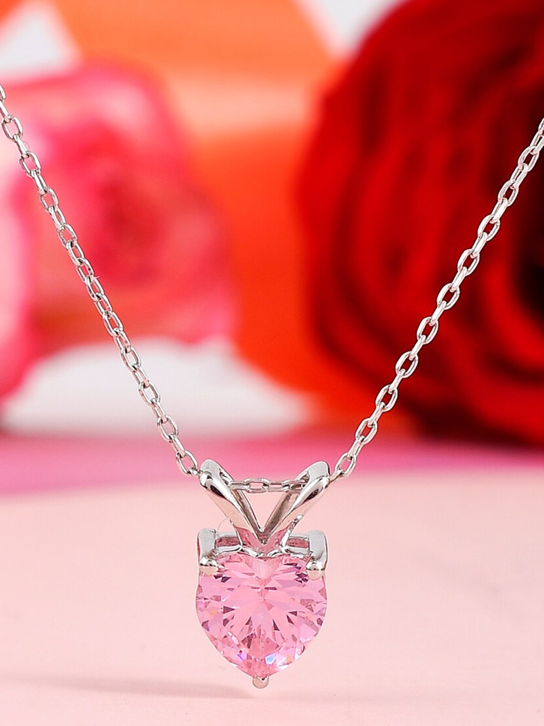 

Studio Voylla Rhodium-Plated Heart Shaped CZ Studded Pendant With Chain, Silver