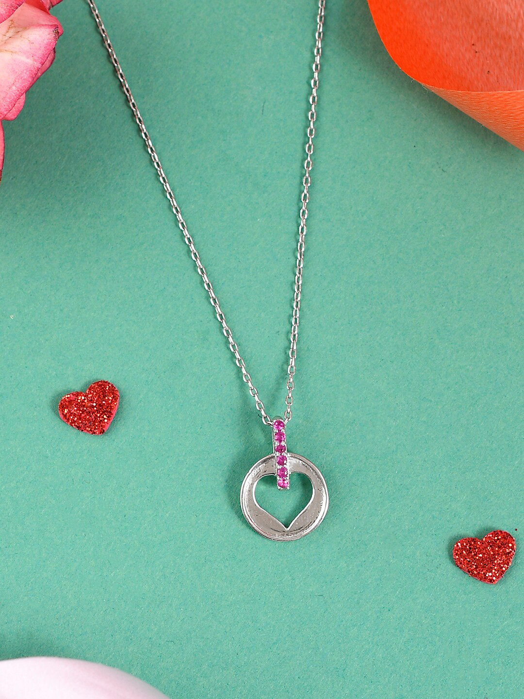 

Studio Voylla 925 Sterling Silver Rhodium-Plated CZ-Studded Pendant With Chain, Pink