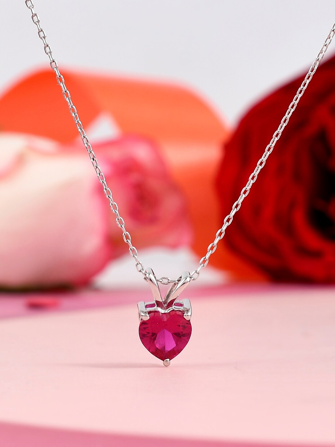 

Studio Voylla Valentine's Day Collection 925 Sterling Rhodium-Plated CZ Pendant With Chain, Pink