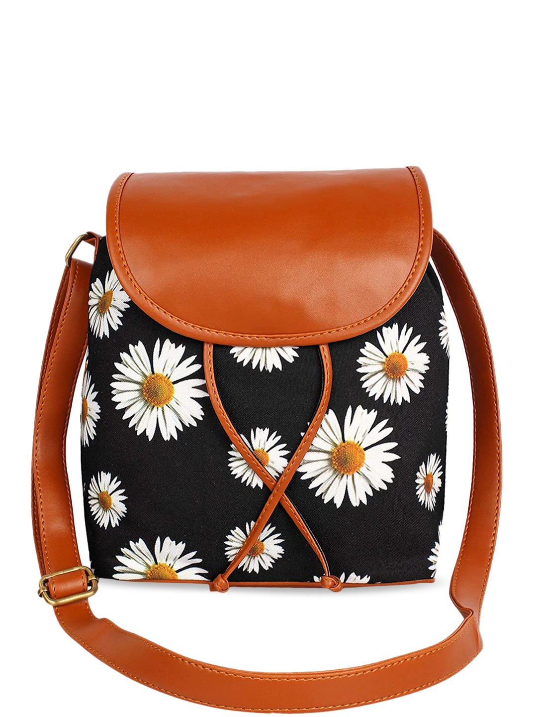 

Lychee bags Floral Printed Bowling Sling Bag, Black