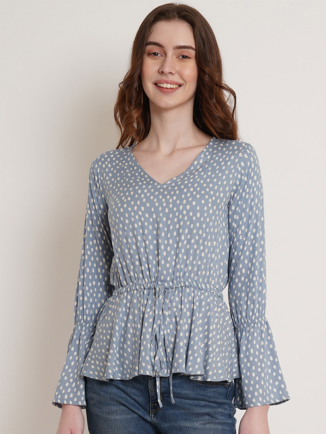 

Hive91 Polka Dots Printed Cinched Waist Top, Blue