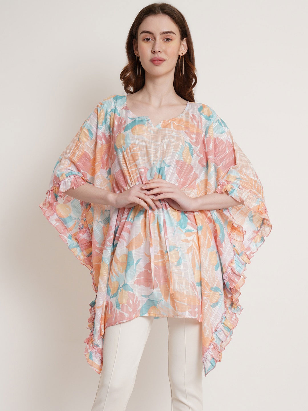 

Hive91 Floral Printed Cotton Kaftan Longline Top, Cream