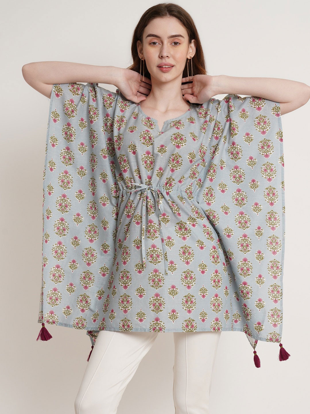 

Hive91 Ethnic Motifs Printed Cotton Kaftan Longline Top, Grey