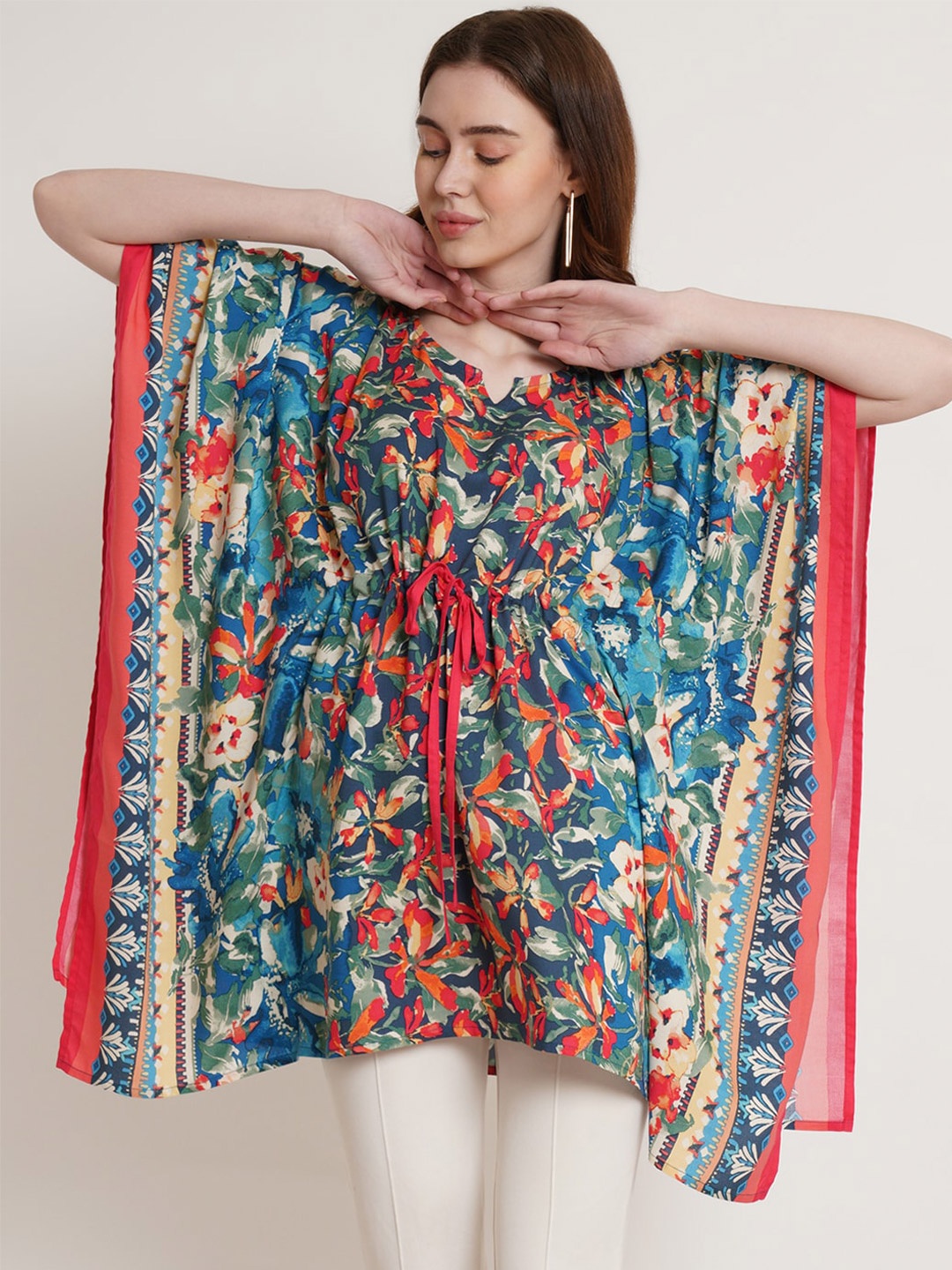 

Hive91 Floral Printed Cotton Kaftan Longline Top, Blue