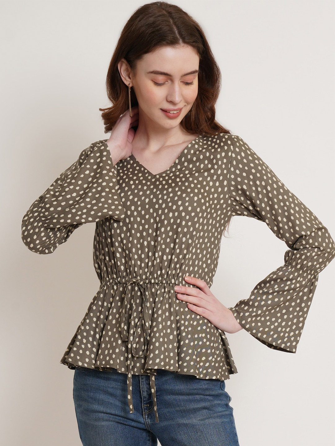 

Hive91Polka Dots Printed Cinched Waist Top, Olive