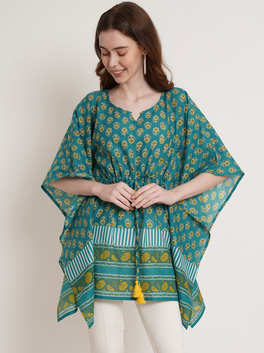 

Hive91 Floral Printed Cotton Kaftan Longline Top, Teal