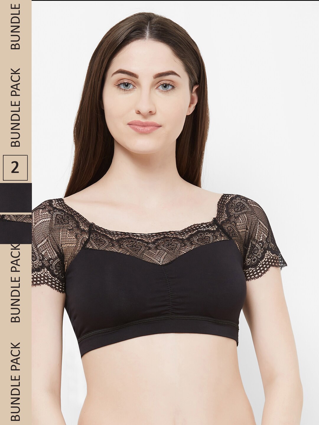 

FashionRack Pack Of 2 Floral Lace Bralette Lightly Padded Slip-On Seamless Bra, Black